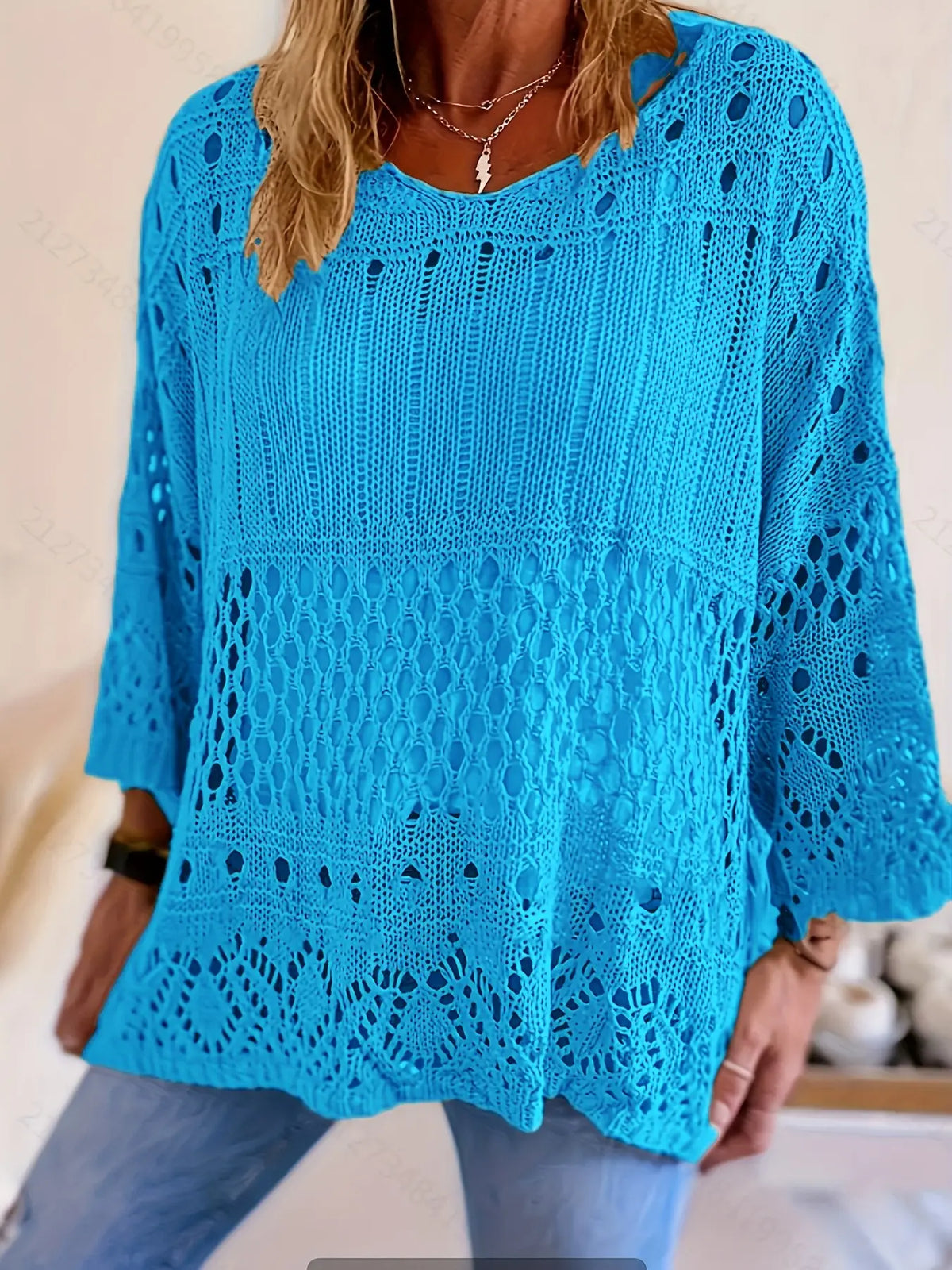 Plus Size Women's Summer Hollow Out Round Neck Knit Top, Oversized, Casual Elegant Vacation Style, Loose Oversize Batwing Shoulder, Spring Summer Wear, Sweater Knitwear