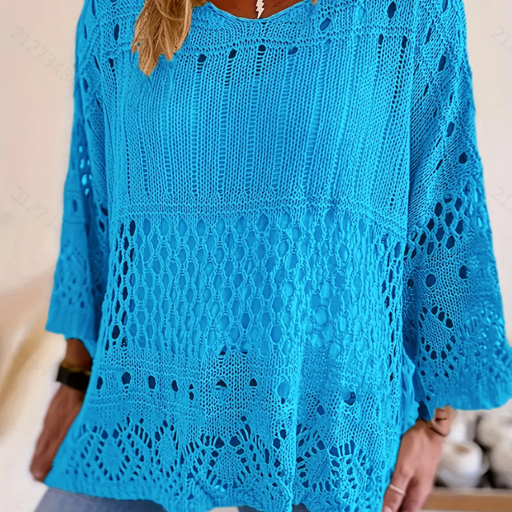 Plus Size Women's Summer Hollow Out Round Neck Knit Top, Oversized, Casual Elegant Vacation Style, Loose Oversize Batwing Shoulder, Spring Summer Wear, Sweater Knitwear
