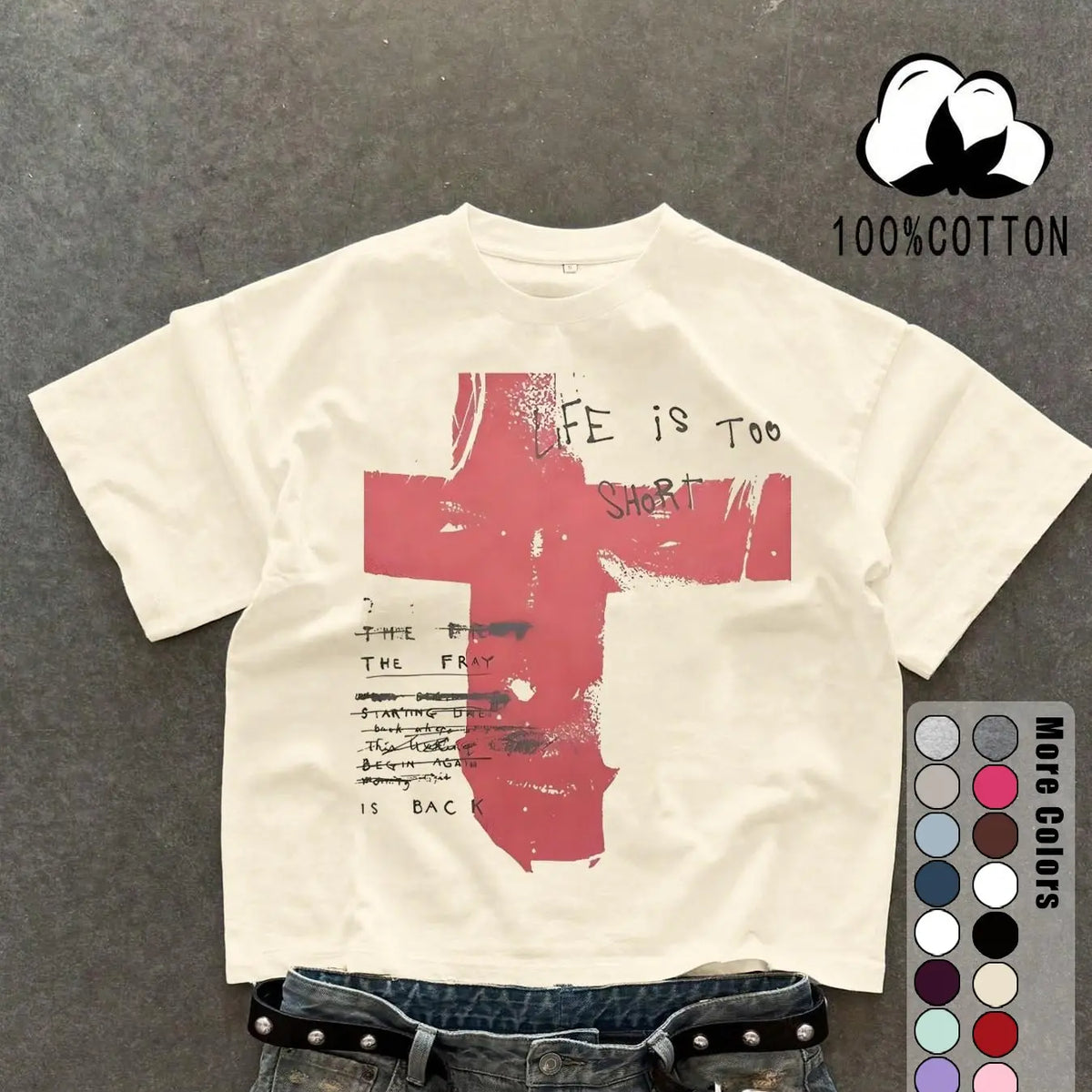 Unisex 100% Cotton Short Sleeve T-Shirt, Cross Graffiti Print, Y2K Dark Gothic Street Style, Streetwear, Casual Daily Wear, Loose-Fitting, Long Length, Aesthetic, Relaxed Fit