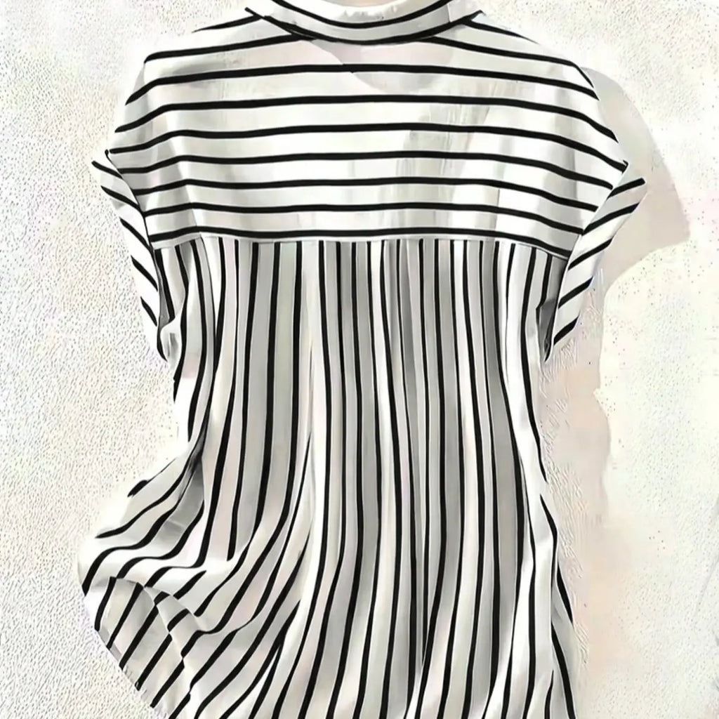 Women's Summer Striped, Single-Breasted Drop Shoulder Short Sleeve Shirt, Loose Tops, High-Low Hem Polyester Colorblock Button-Front Top