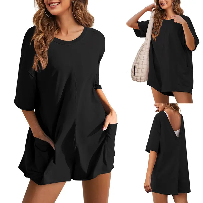 KingApril Women’s Oversized Rompers/Jumpsuits with V-Neck Back, Casual Athletic Workout T‑Shirt One‑Piece Activewear, Summer Vibes, Spandex, Ribbed,sohochic