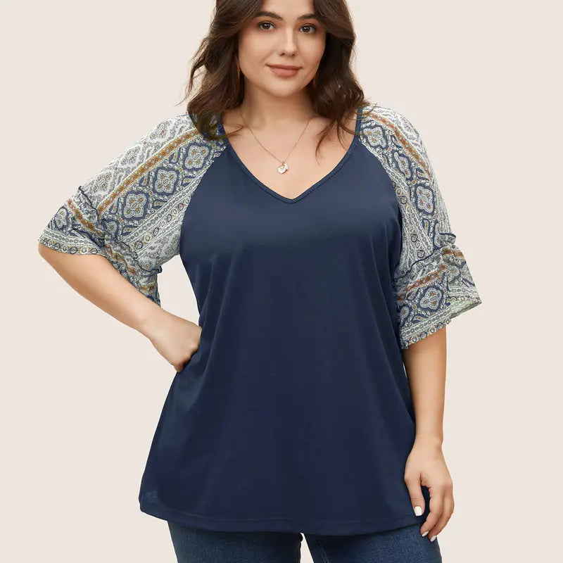 BloomChic Boho Print Patchwork Raglan Sleeve T-shirt 【M-6XL】
