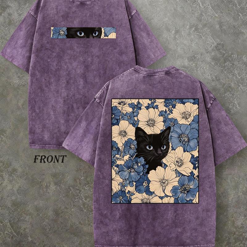 "Cat in the Flowers" Double-Sided Print T-Shirt | Retro Washed 230gsm Cotton, Men's Casual Comfortable Street Style Tee, Vintage Floral Feline Graphic Top Oversized Streetwear Menswear Soft Tshirt