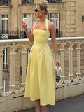 Women's Chic Elegant Solid Color Backless Sleeveless A-Line Pleated Halter Neck Slim Fit Midi Dress Elegant Backless Design for Party, Holiday, Daily & Formal Wear
