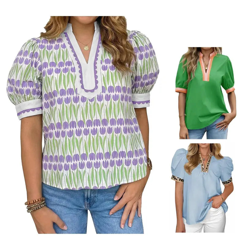 TANKANEO Women's Elegant Chic V-Neck Puff Sleeve Polyester Blouse - Dressy Tops for Coffee, Party, Summer, Loose Fit with Floral or Leopard Prints, Blouses for Women