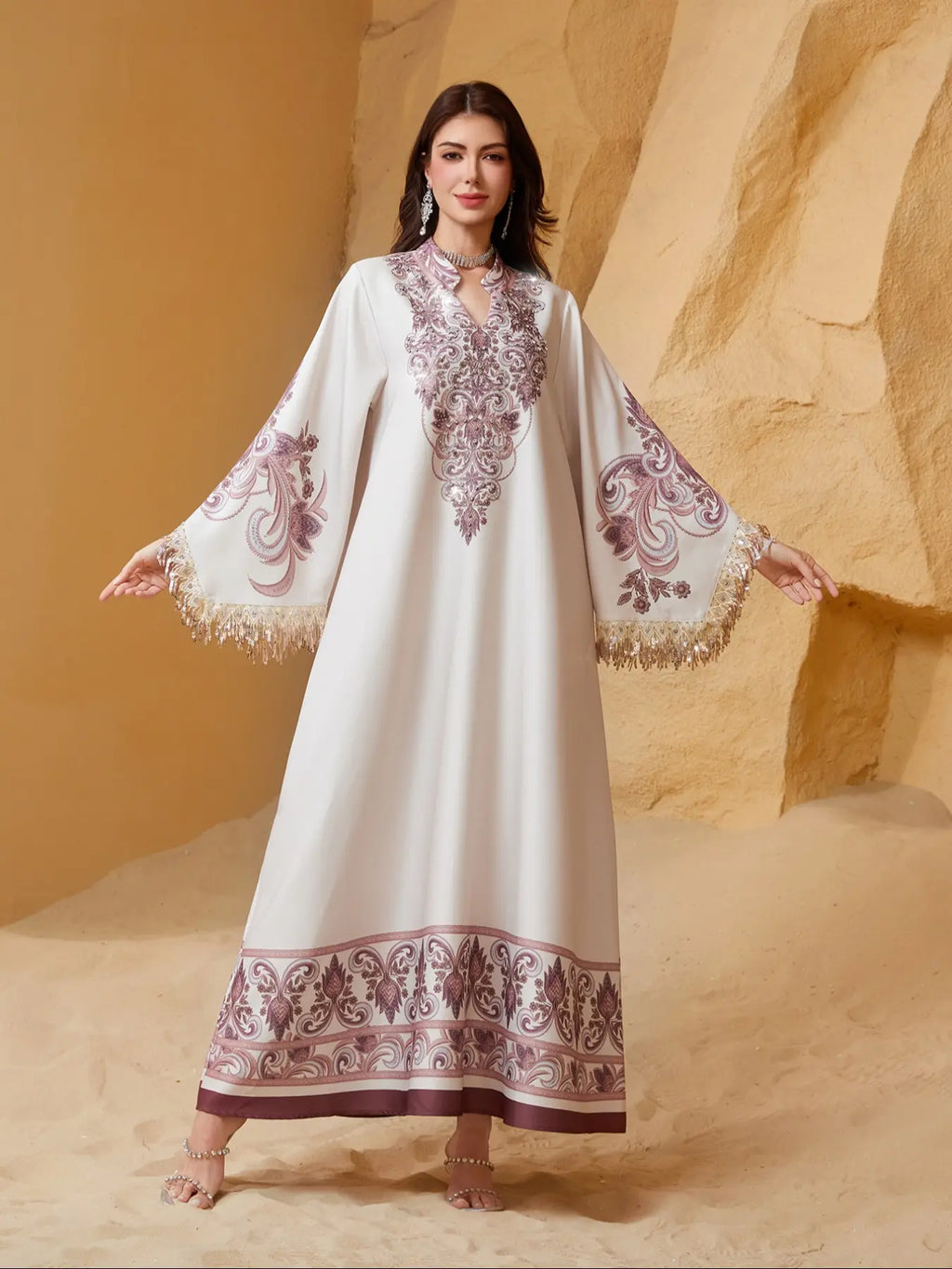 Women's Elegant Long Dress, Chic Elegant Formal, Loose Fit Ethnic Print, Long Sleeve, Lace-Up Design, All-Season Wear, Perfect for Evening Occasions & Special Events, Dresses for Party