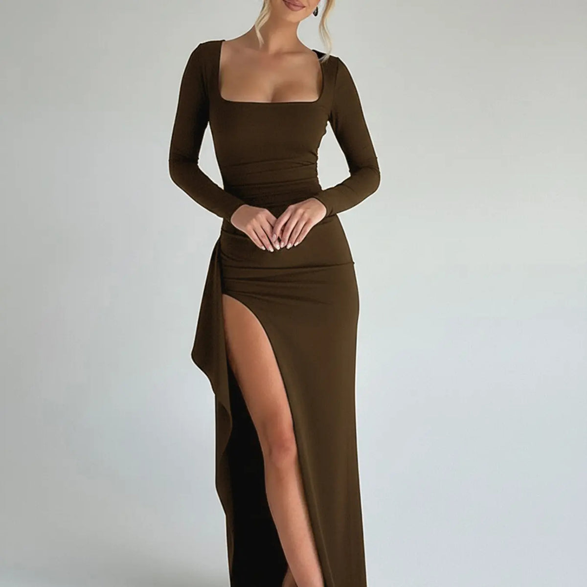 Elegant Series Square Neck Solid Color Folds Side High Slit Split Thigh Dress Black Long Sleeved Tight Lady Dress, Sexy Backless Formal Party, Event And, 2026 Spring Fashion New Style Gowns, Womenswear