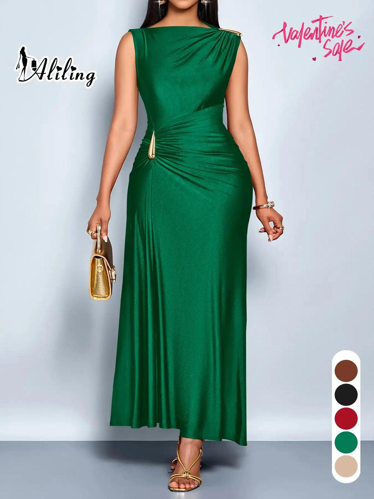 Aliling Elegant Chic Sleeveless Midi Dress for Women High Waist Folds Boat Neck Bodycon Fitted Solid Female Formal Evening Sexy Clothing Dresses for Party Perfect for Party and Dates Elegant Chic Gown Elegant Fashion Dress