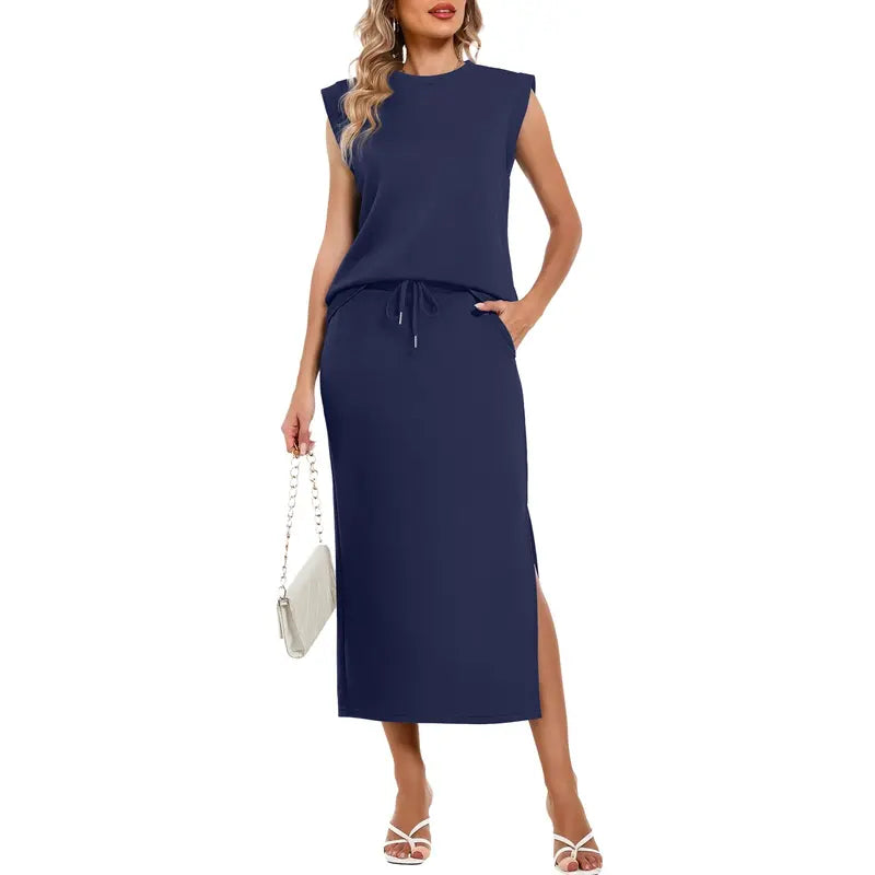 Casly Lamiit Women's 2-Piece Soft Fabric Crew Neck Cap Sleeve Top & Drawstring Midi Skirt Set with Pockets, Summer Lounge Basics Outfits