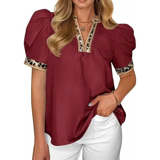 TANKANEO Women's Elegant Chic V-Neck Puff Sleeve Polyester Blouse - Dressy Tops for Coffee, Party, Summer, Loose Fit with Floral or Leopard Prints, Blouses for Women