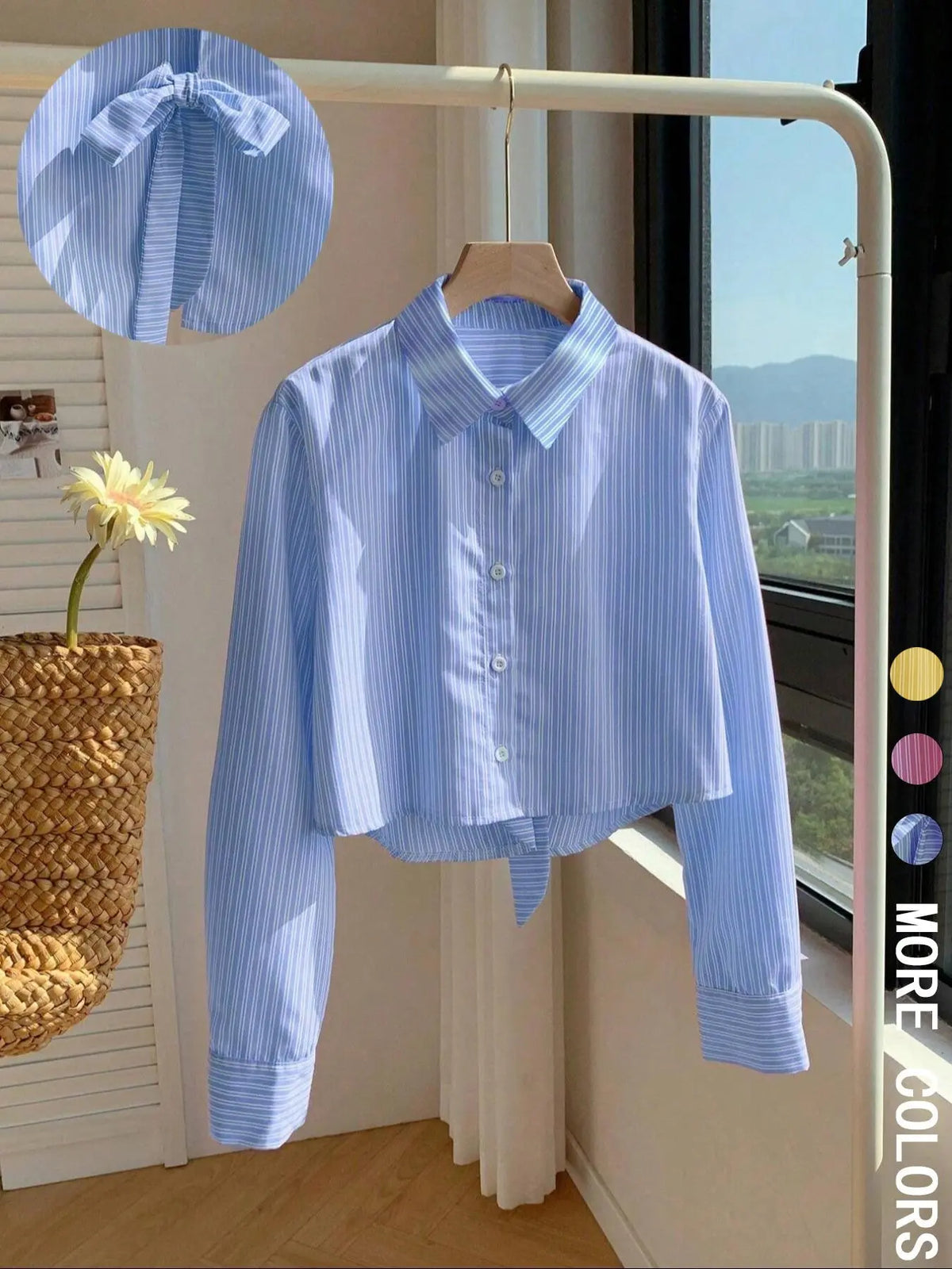 Women's Striped Print Shirt Blouse, Casual Long Sleeve Collared Top for Daily Wear, Casual Daily Tops, Ladies Clothes for All Seasons, Knot Button