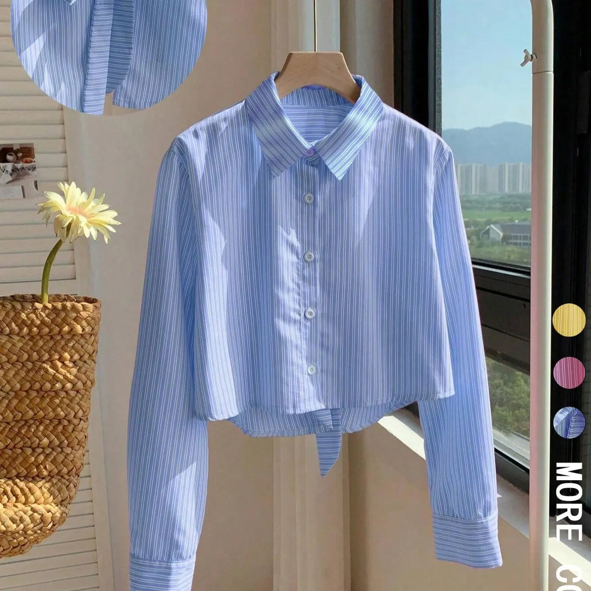 Women's Striped Print Shirt Blouse, Casual Long Sleeve Collared Top for Daily Wear, Casual Daily Tops, Ladies Clothes for All Seasons, Knot Button