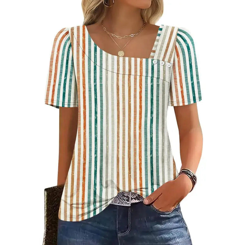 WIHOLL Women's Striped Short-Sleeve Boat Neck Blouse - Elegant Dressy Casual Loose-Fit Top with Button Detail, Soft Stretch Polyester Blend, Chic Aesthetic Blouses & Shirts, Check Size Chart, Back-to-School Outfits