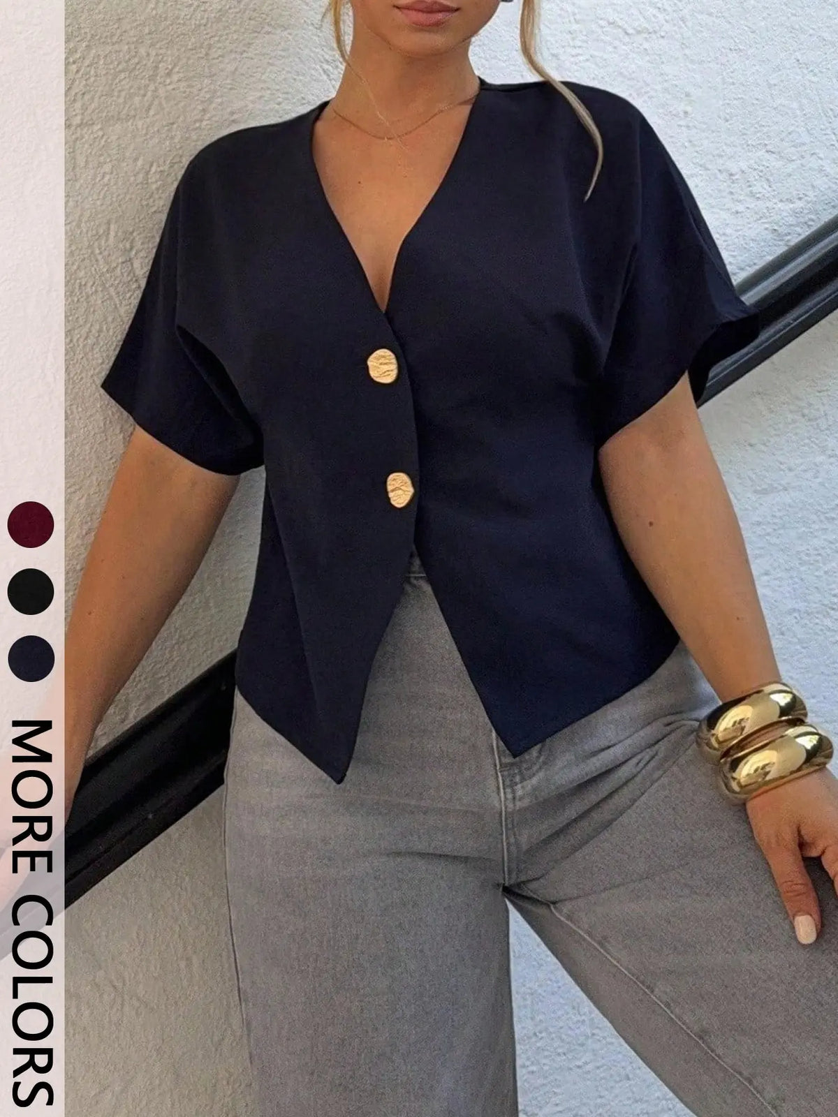 Women's Fitted V Neck Blouse Short Dolman Sleeves Asymmetric Hem Decorative Button Detail Cropped Silhouette Trendy Minimalist Aesthetic Style Perfect for Office Date Night Shirts Ara Top