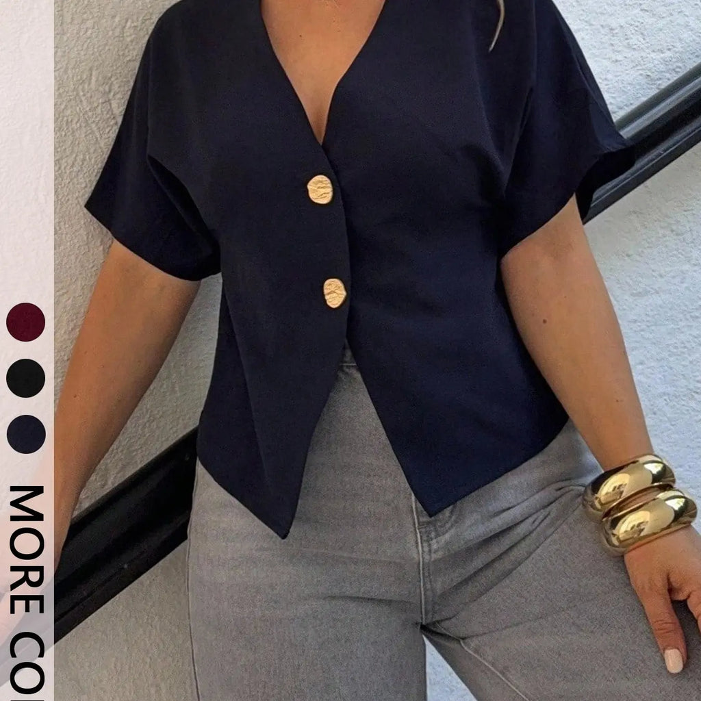 Women's Fitted V Neck Blouse Short Dolman Sleeves Asymmetric Hem Decorative Button Detail Cropped Silhouette Trendy Minimalist Aesthetic Style Perfect for Office Date Night Shirts Ara Top