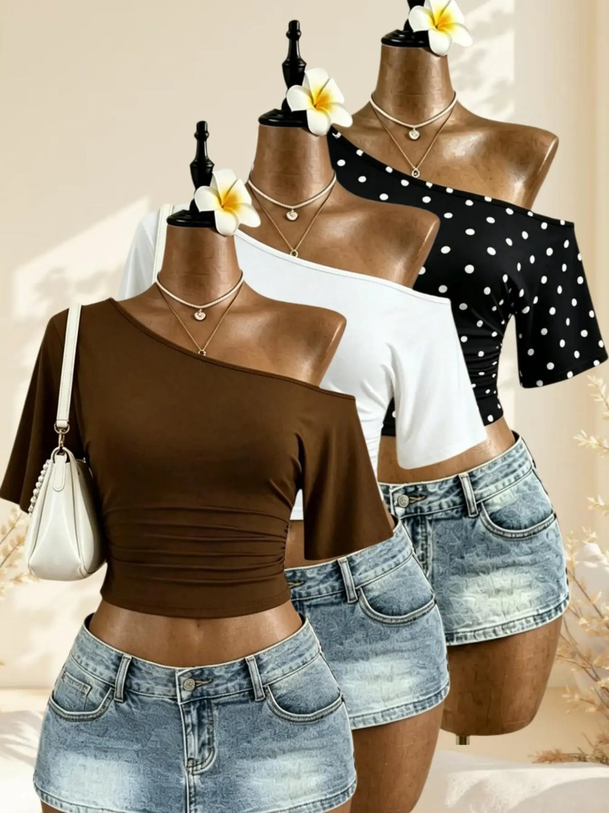 American Vintage Summer Asymmetrical Shoulder Pleated Short Sleeve Top, Polka Dot Solid Color Waist Cinch Slim Fit T-Shirt Set of Three