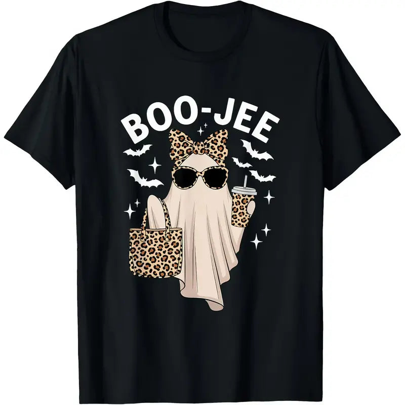 Urban BooJee Ghost Leopard Print Graphic T‑Shirt, Unisex Soft Cotton Crew Neck Short Sleeve Tee, Funny Ghost Coffee Fall Girly Halloween Casual Daily Tops, Great Holiday Gift for Men Women