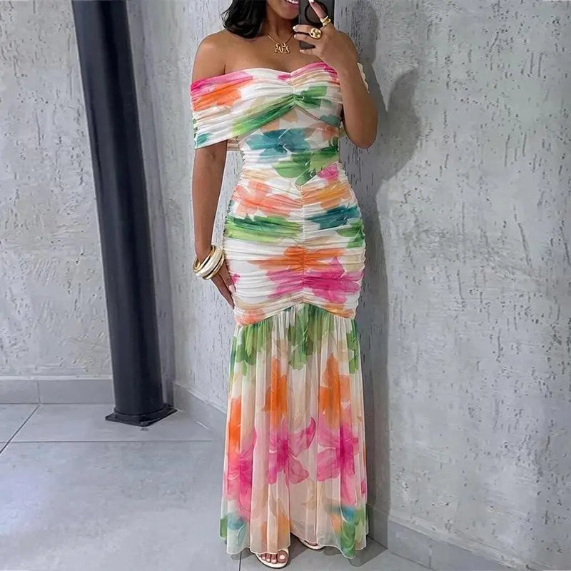 CHICME Women's Off-Shoulder Foldover Ruched Cinched Waist Minimalist Slim-Fit Mermaid Hem Evening Gown - Bump-Friendly Party & Wedding Guest Dress