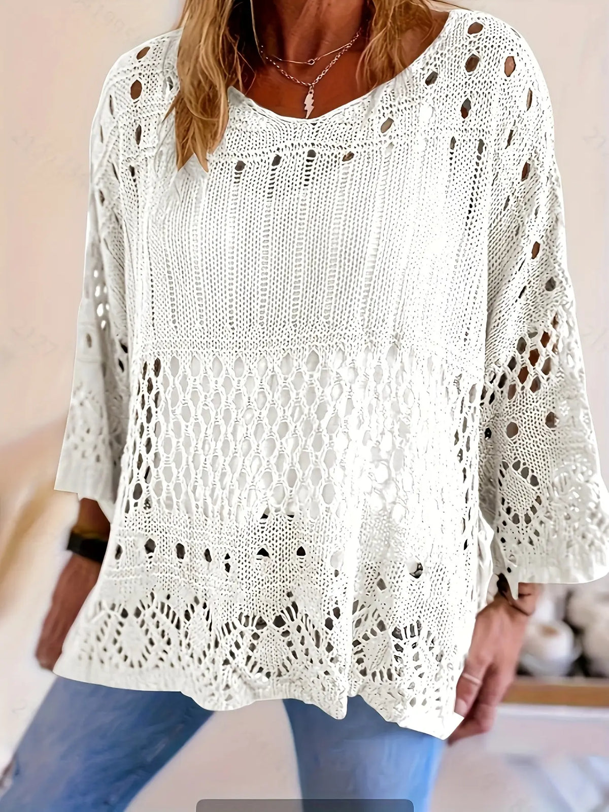 Plus Size Women's Summer Hollow Out Round Neck Knit Top, Oversized, Casual Elegant Vacation Style, Loose Oversize Batwing Shoulder, Spring Summer Wear, Sweater Knitwear
