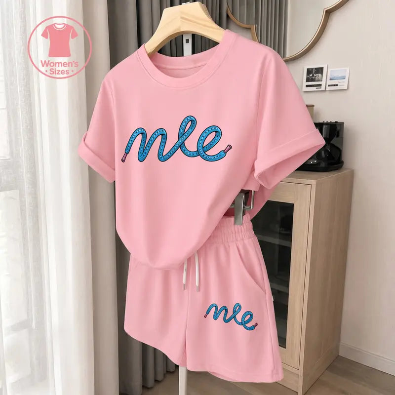 Women’s Minimalist 2-Piece Logo Graphic Print Shortsleeve Set - Breathable Loose Crew Neck Top, Elastic Waist Drawstring Shorts for Casual Summer Daily Wear, Vacation