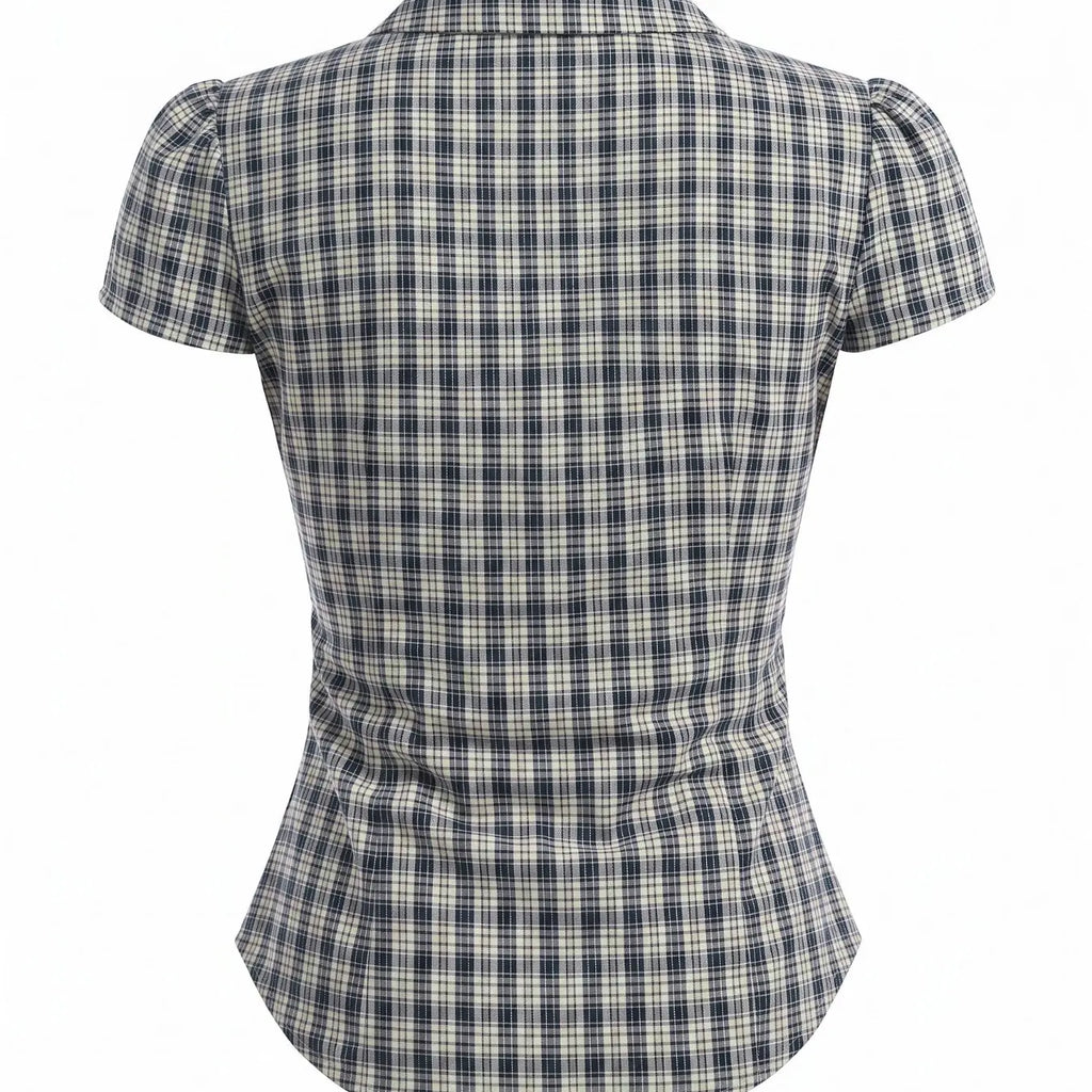 Versatile Blue & White Plaid Button-Down Shirt, Wrinkle Resistant Fitted Short Sleeve Shirt, Soft Stretch Cotton Top, 2026 Trending Preppy Style for Daily, Brunch, Campus and Street, Casual Sexy Outfit