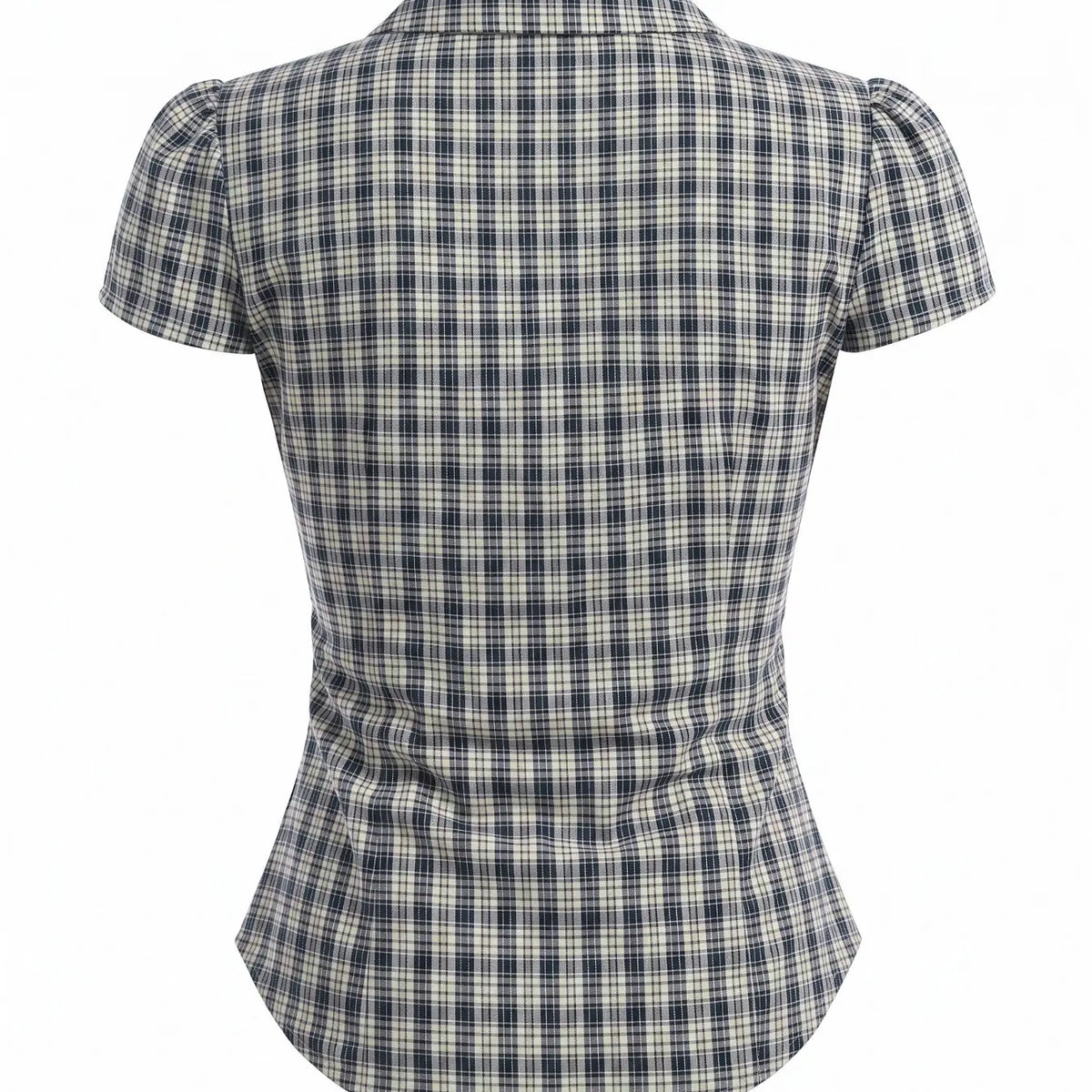 Versatile Blue & White Plaid Button-Down Shirt, Wrinkle Resistant Fitted Short Sleeve Shirt, Soft Stretch Cotton Top, 2026 Trending Preppy Style for Daily, Brunch, Campus and Street, Casual Sexy Outfit