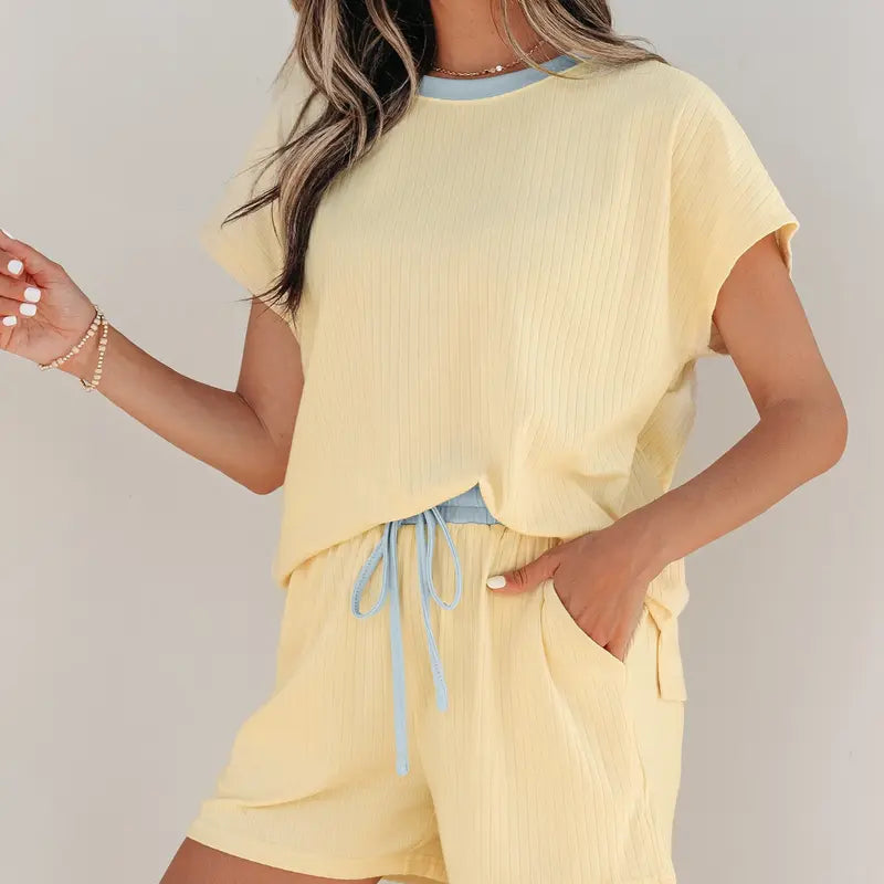 Asvivid Womens Soft Ribbed Two Piece Sets Color Block Trim Tops Casual Short with Pocket Womenswear 2 PCS Set Summer Vacation Outfits