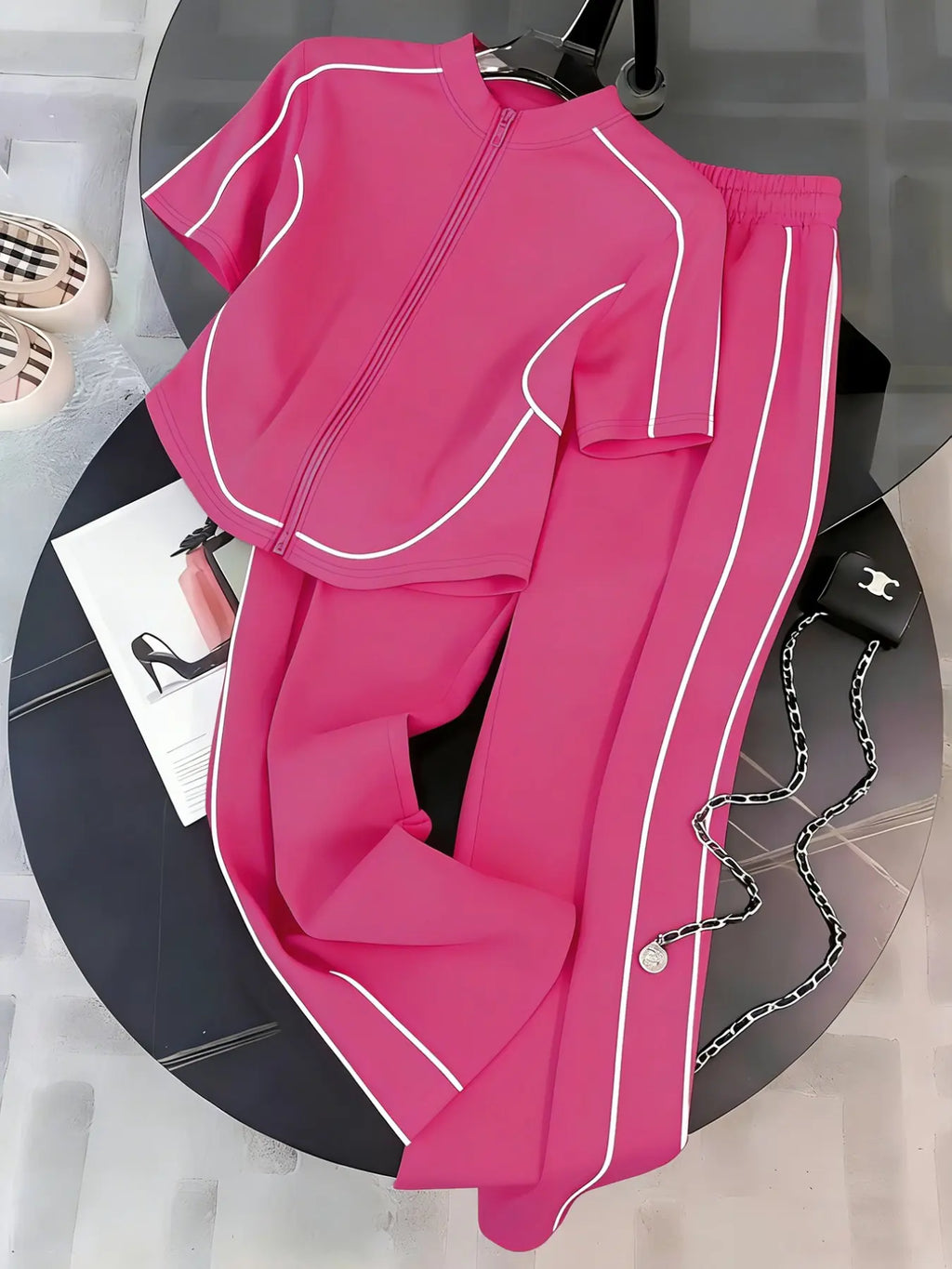Women's Spring Summer Casual Set Two-Piece Slim Fit Zipper Top & Long Pants, Perfect for Daily Wear, Outdoor, Formal & Casual Suits, Clothing Sets