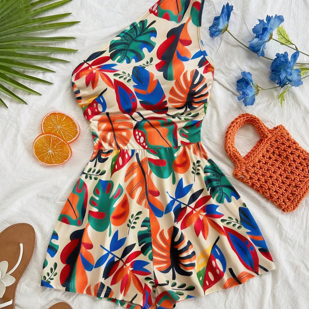 Women's Multicolor Tropical Print One-Shoulder Short Romper, Elastic Waist, Stylish Summer Beach Casual Wear