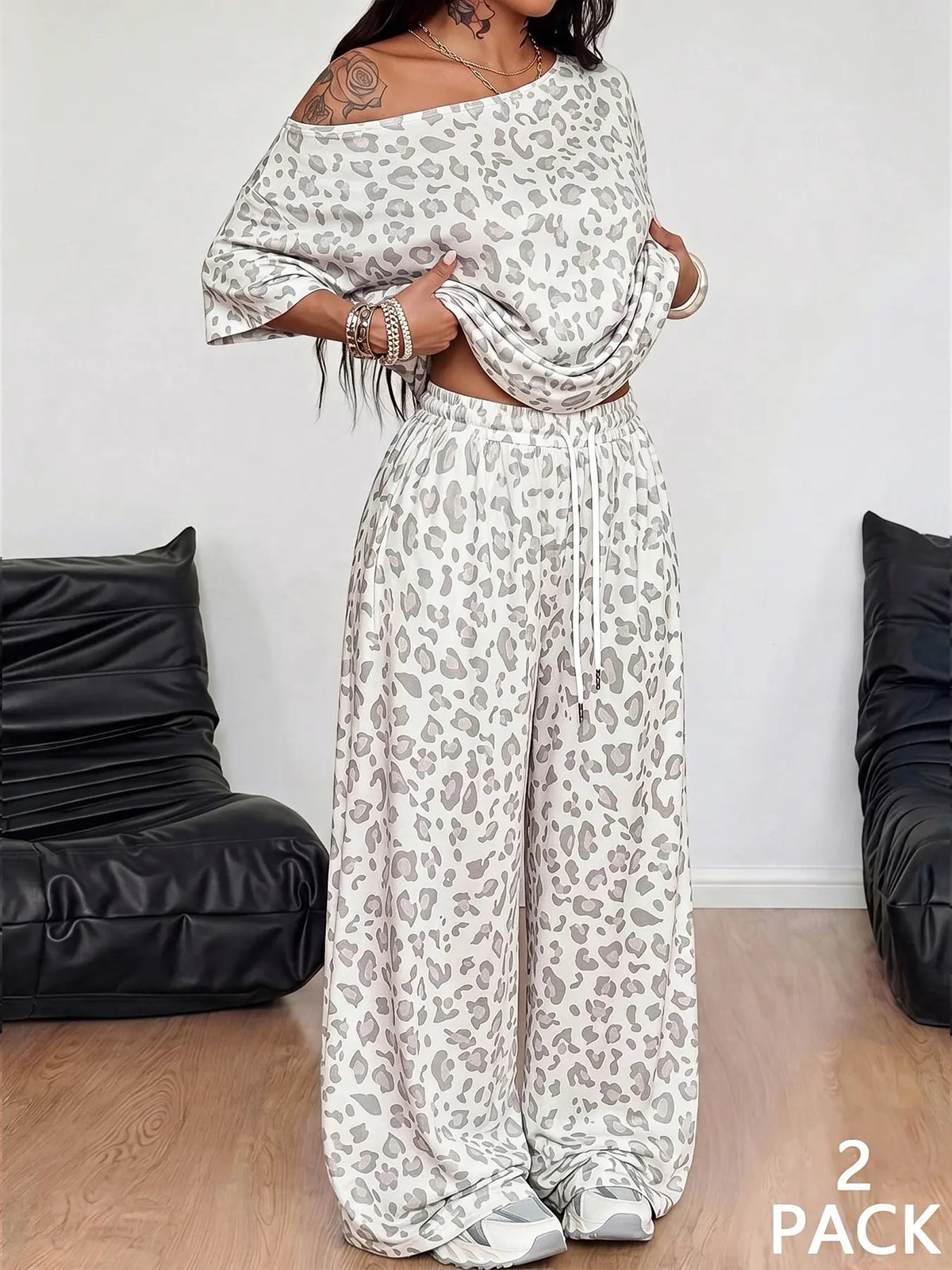 2pcs/Set Women's Minimalist Basic Daily Wear Going Out Sport Comfortable Off Shoulder T-Shirt And Wide Leg Pants Two Pieces Outfits Clothes