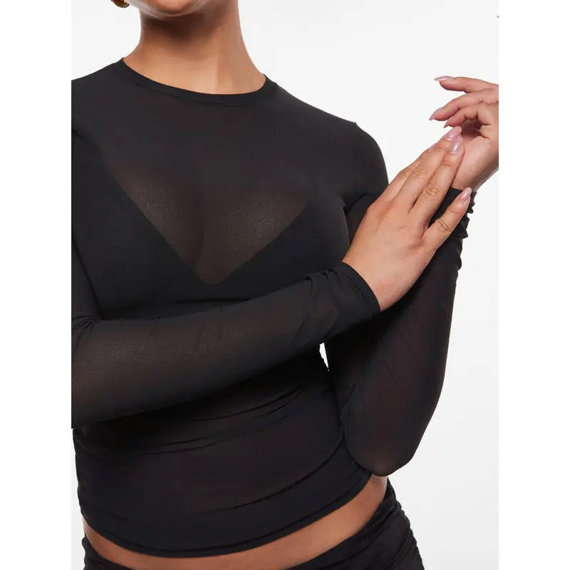 Cosnufy Mesh Sheer Long Sleeve Top Single Layer Crew Neck See Through