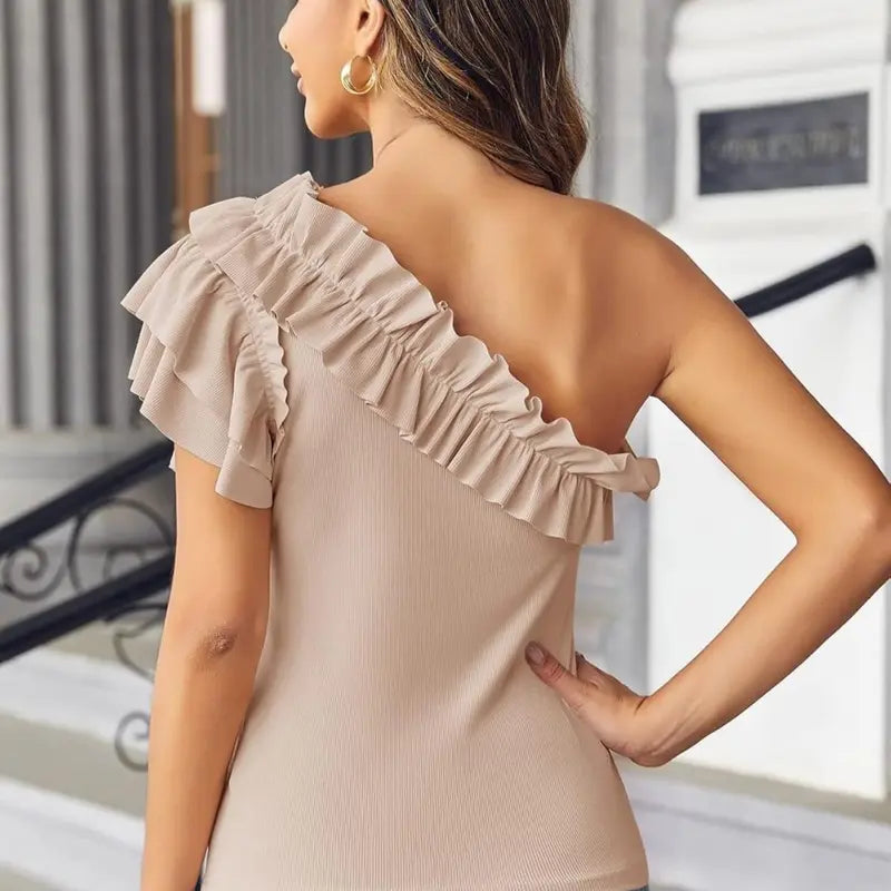Tankaneo Womens One Shoulder Shirts Ruffle Sleeve Slim Fit Knitted Ribbed Summer Tops