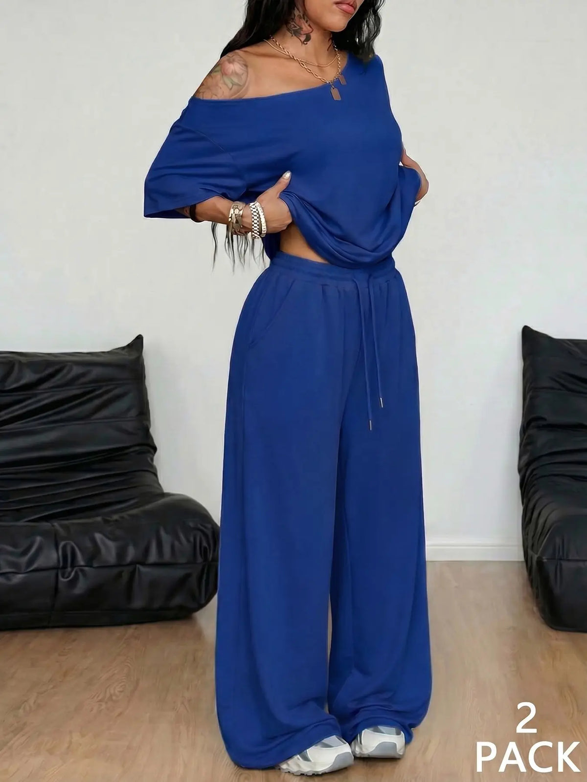 2pcs/Set Women's Minimalist Basic Daily Wear Going Out Sport Comfortable Off Shoulder T-Shirt And Wide Leg Pants Two Pieces Outfits Clothes