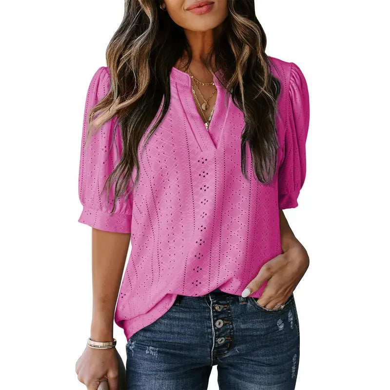 Dokotoo Women's Summer Business Casual Blouses V Neck Short Sleeve Shirts Hollow Out Cute Lace Tops Loose Fit Breathable Fabric