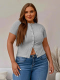 Plus Size Fitted Basic Solid Ribbed Short Sleeve Round Neck Top, Casual Button Front Button Down Closure Top for Summer, Women's Clothing for Daily Wear