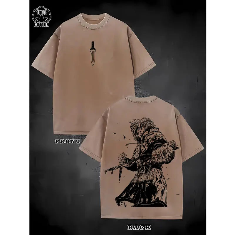 Men's Oversized Distressed Cotton Graphic T-Shirt - Anime Warrior Back Print, Washed Streetwear, Drop Shoulder, Round Neck, Shortsleeve, Mens Clothing, Vintage Graphic Shirts, Casual Tops, Anime Merchandise, Menswear