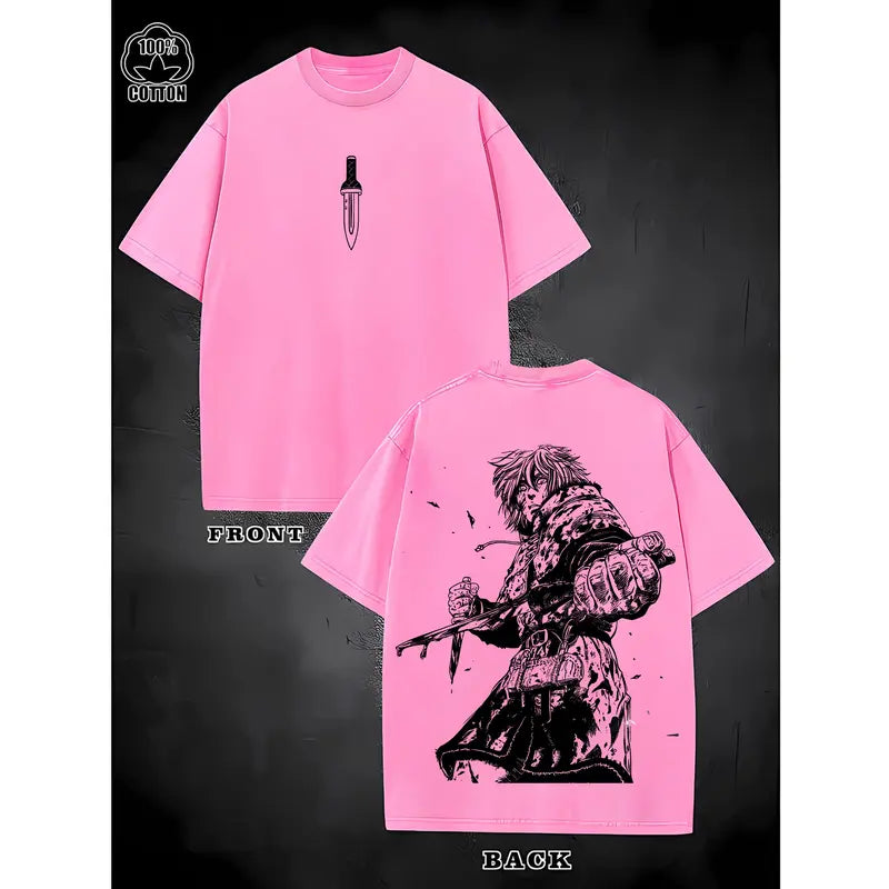 Men's Oversized Distressed Cotton Graphic T-Shirt - Anime Warrior Back Print, Washed Streetwear, Drop Shoulder, Round Neck, Shortsleeve, Mens Clothing, Vintage Graphic Shirts, Casual Tops, Anime Merchandise, Menswear
