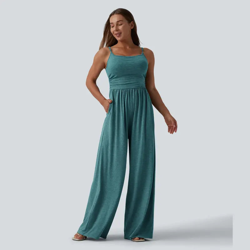 Halara Adjustable Straps Ruched Wide Leg Heathered Casual Jumpsuit with Pockets-Easy Peezy
