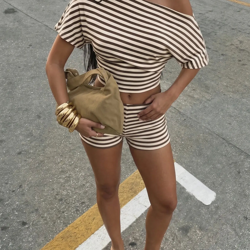 Two-Piece Striped Stretchy Asymmetric Off Shoulder Short Sleeve Crop Top & High Waist Shorts Set for, Seaside, Beach, Street & Cafe, Casual Summer Daily Matching Outfit