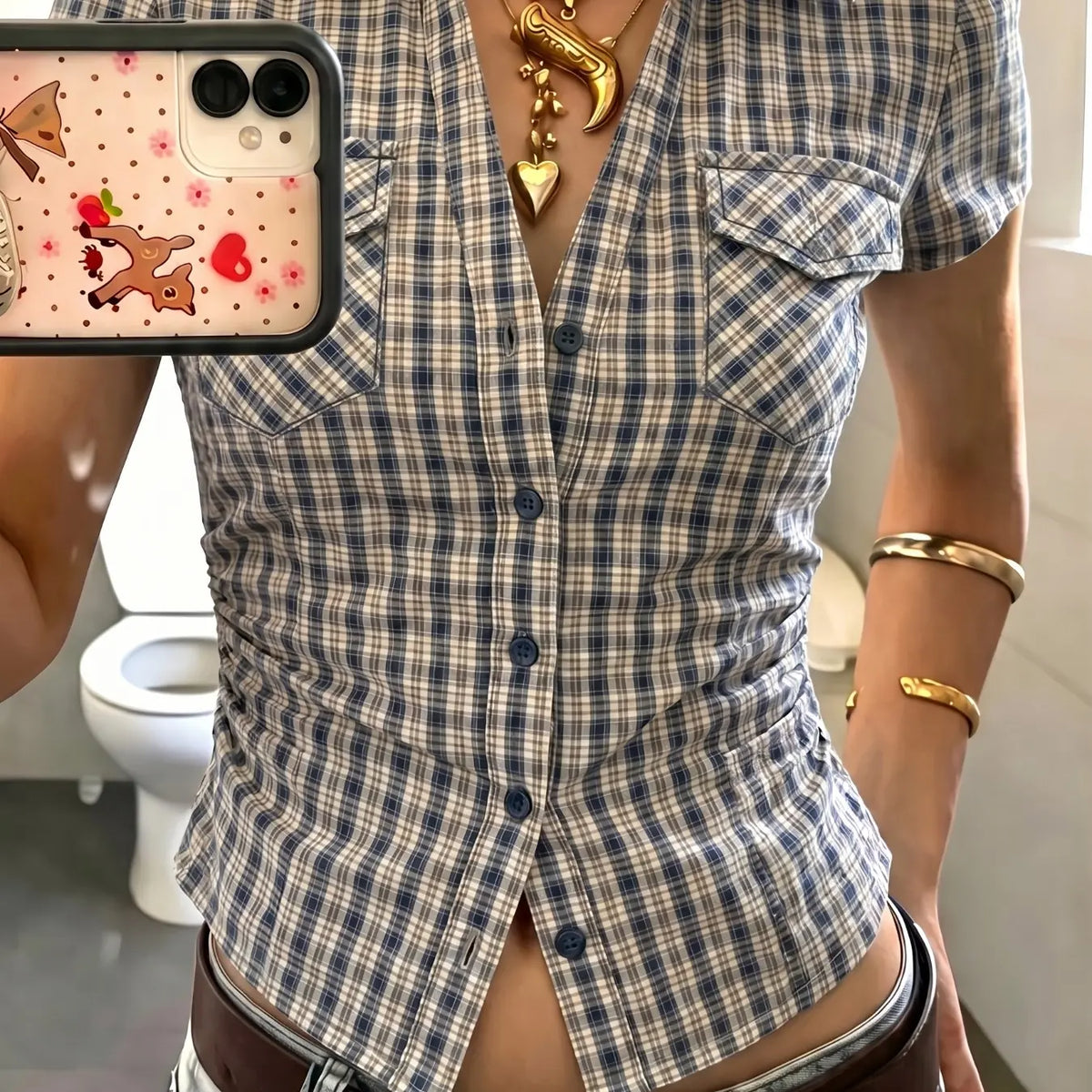 Versatile Blue & White Plaid Button-Down Shirt, Wrinkle Resistant Fitted Short Sleeve Shirt, Soft Stretch Cotton Top, 2026 Trending Preppy Style for Daily, Brunch, Campus and Street, Casual Sexy Outfit