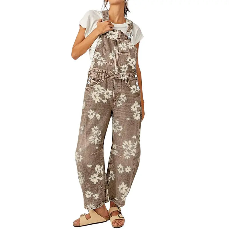 UTCOCO Women's Printed Floral Patchwork Vintage Denim Overalls - Baggy Barrel Leg, Boyfriend Style, Zipper Detail, Party-Ready Wide Leg Outwear Piece