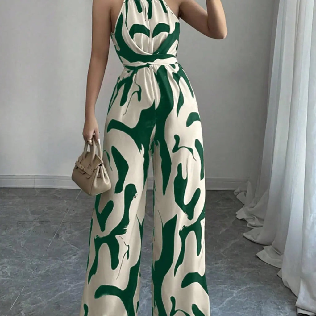 Women's All-Over Print Halter Neck Wide-Leg Jumpsuit, One Piece Jumpsuits, Sleeveless Casual Party Jumpsuit for Holiday Vacation & Daily Wear, Ladies' Spring & Summer Clothes