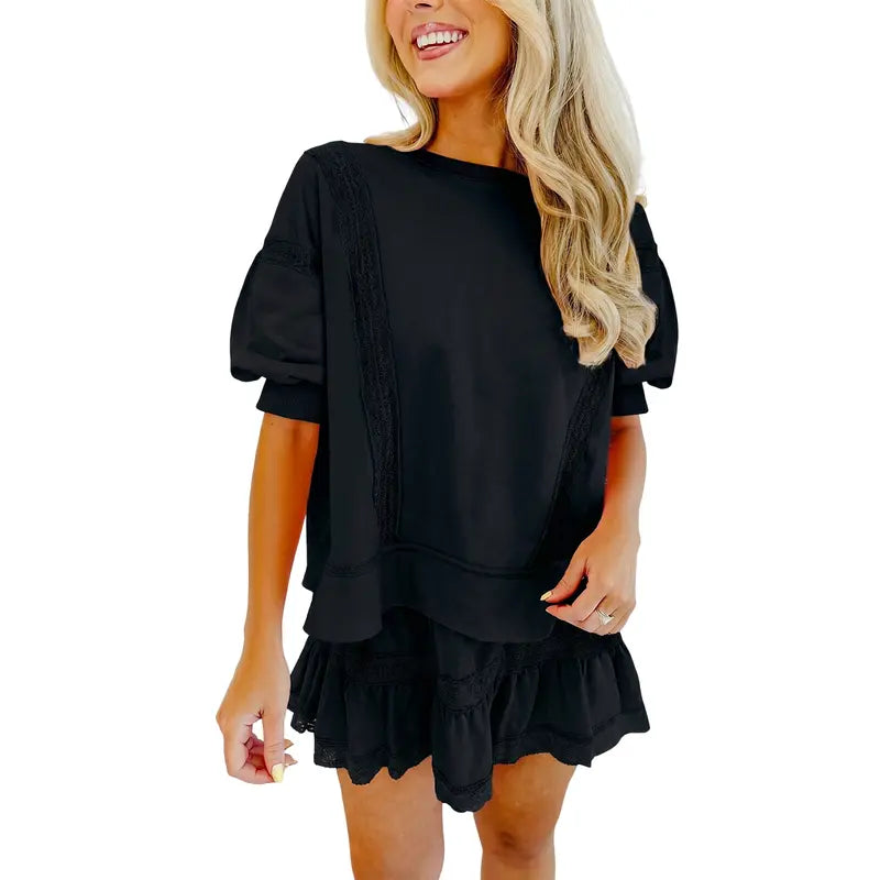 Fisoew Women's Cotton Lace Trim 2-Piece Set - Short Puff Sleeve Top & Ruffled Shorts, Trending Casual Matching Set for Summer Vacation Beach Lounging, Soft Ready-to-Wear Lacy Outfit SohoChic