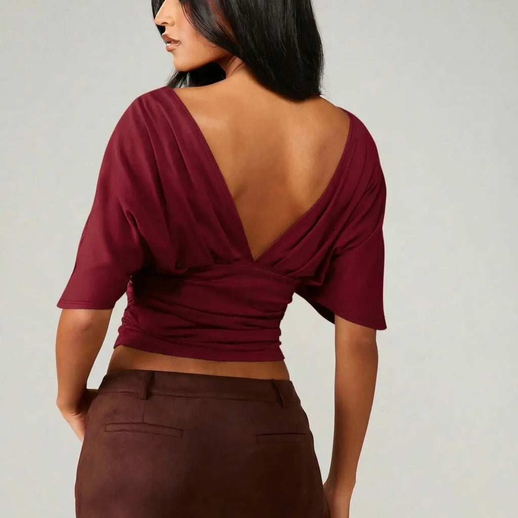 Women's Fashion Comfortable Casual Slim Fit Bodycon T-Shirt, V Neck Backless Top, Plain Surface, All Seasons, Fitted Style, Unlined