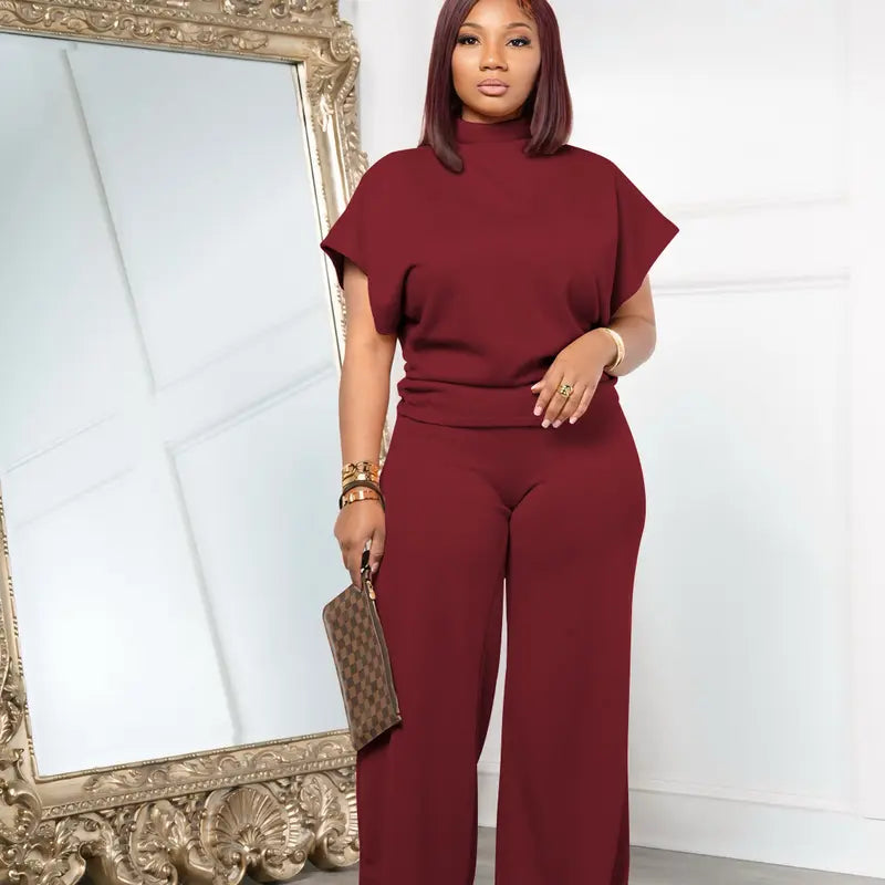 USBoutique Chic Women Summer Lightweight And Silky Soft Set Two Piece Casual Set Short Sleeved Semi High Neck Loose Top Wide Leg Pants Set