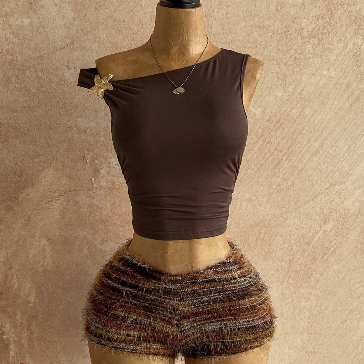Y2K Aesthetic Casual Womenswear One-Shoulder Sleeveless Metallic Accent Crop Top & Vintage Fringe Tweed Shorts Set Striped Sets Shorts Sets Outfits Summer Sets
