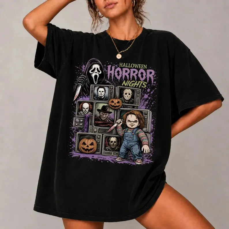 Spooky‑Season Classic Horror Character Graphic T‑Shirt, Unisex Casual Crew Neck Short‑Sleeve Tee, Creepy Fall Outfit Tops for Horror Fans, Perfect Halloween‑Party Holiday Gift for Men Women
