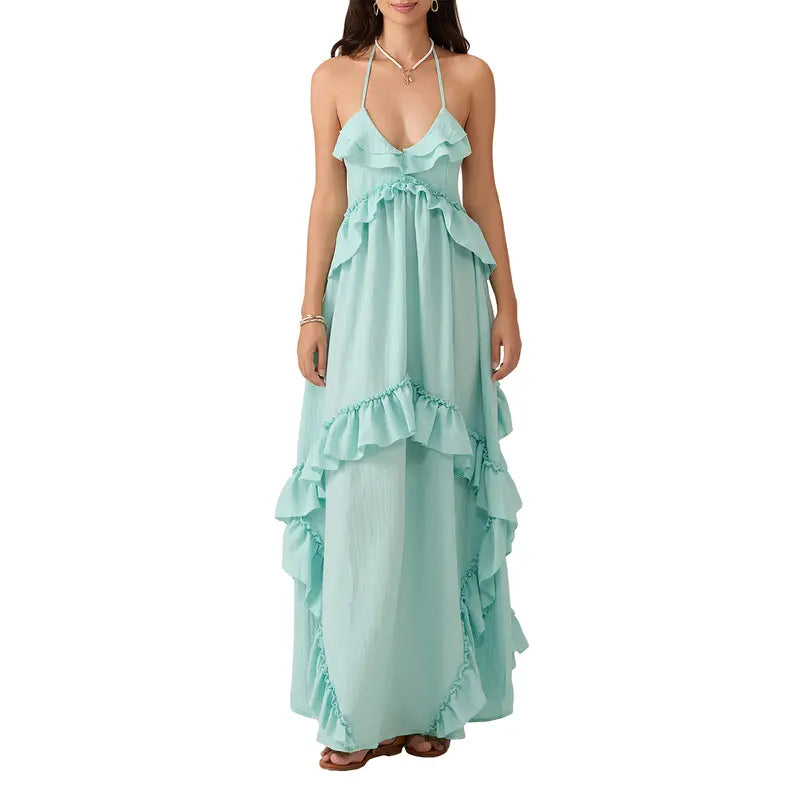 Women's Ocean Style Halter Neck Ruffle Maxi Dress - Lady's Fashion Apparel, V-Neck Tiered Flowy A-Line, Backless Sleeveless Multicolor Casual Wear for Summer Beach Vacation