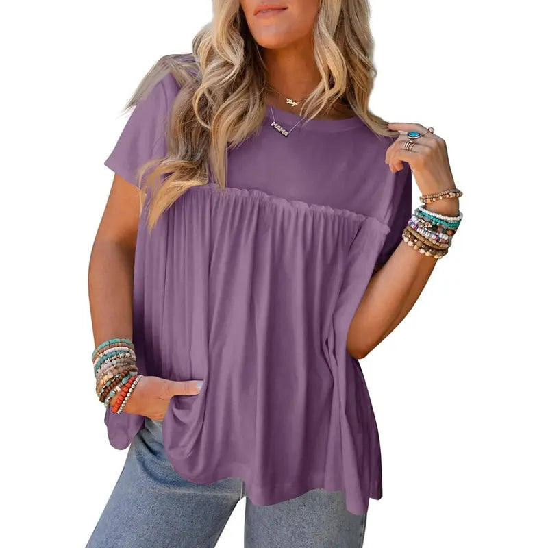 Imily Bela Womens Summer Babydoll Tunic Tops Pleated Short Sleeve Crew Neck Peplum T Shirts Casual Loose Fit Outfits Womenswear Blouse church outfit Breathable Chic