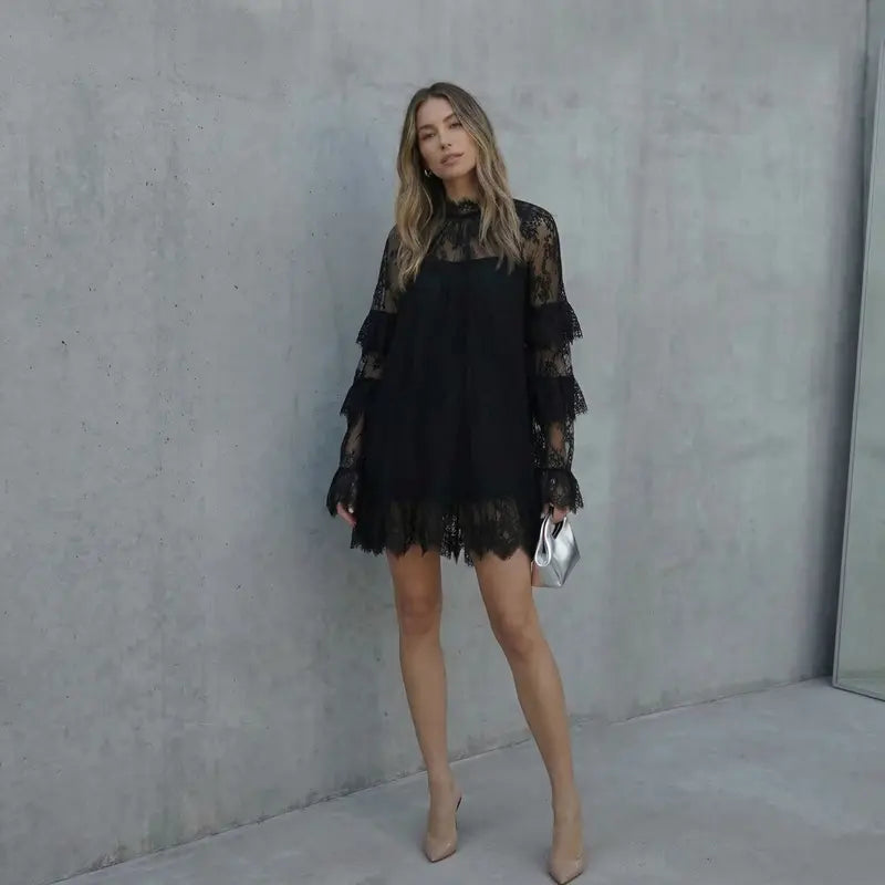 Chicovar  NO Lining! Women's Sheer Lace Dress, See Through, Unlined, Long Sleeve, Crew Neck, Elegant Night Out Mini Dress, Concert, Party, sohochic